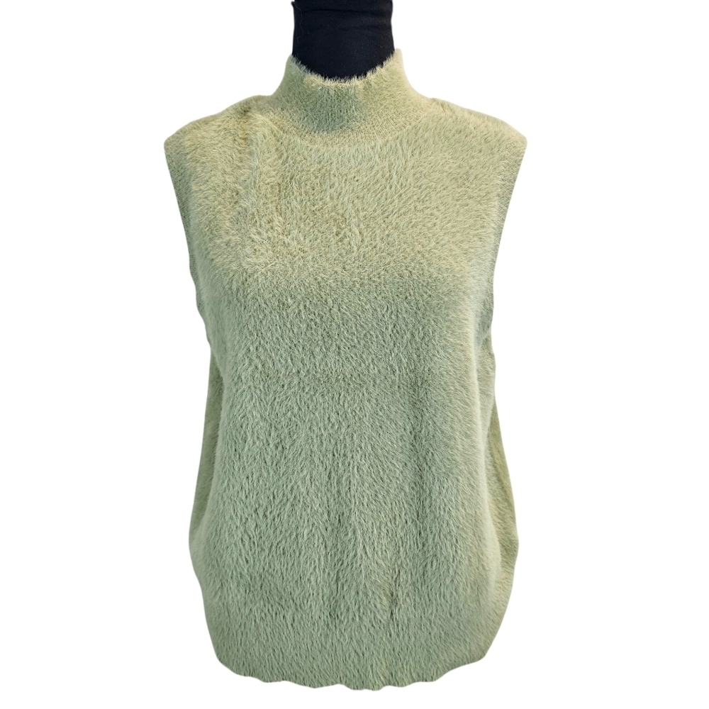Bailey 44 Sage Green Fuzzy Knit Mock Neck Sweater Vest L Soft Cozy Minimalist